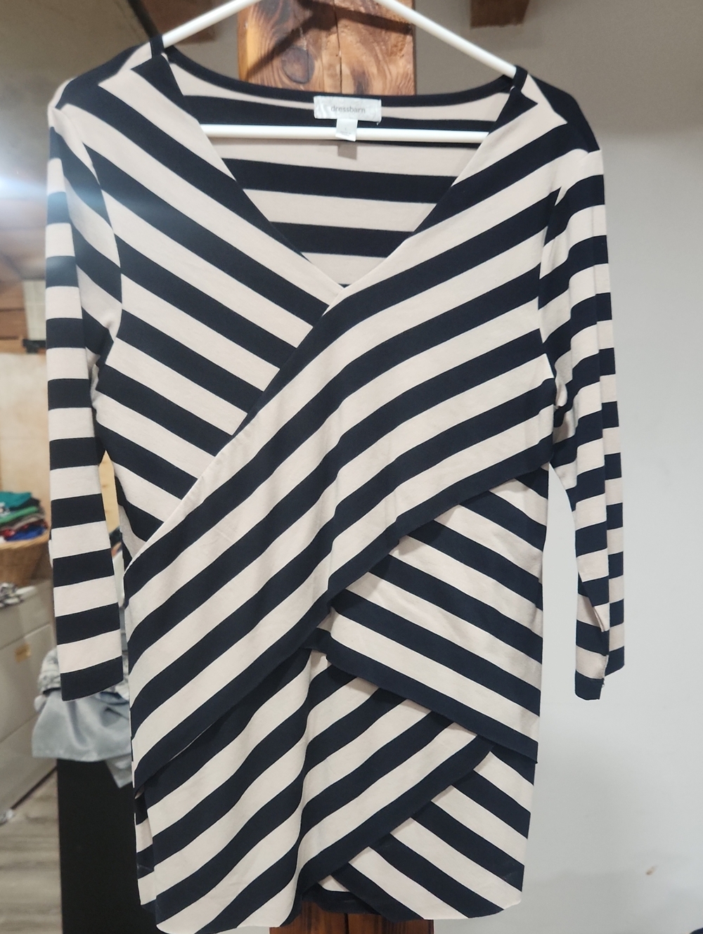 Freshman Black and Cream Diagonal-Stripe Wrap Dress